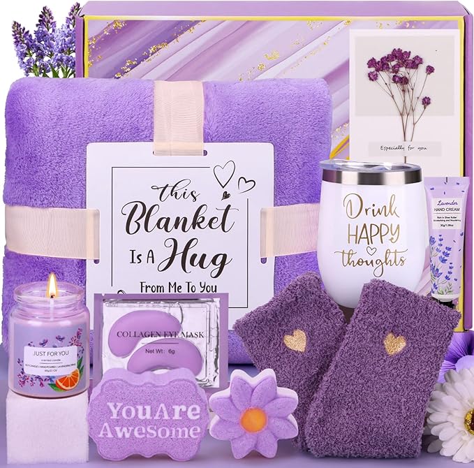 Birthday Gifts for Women Self Care Gifts Get Well Soon Gifts, Ocean Relaxing Spa Gifts Basket Care Package W/ Flannel Blanket 40 OZ Tumbler, Christmas Gifts for Mom Wife Grandma Friends Sisters Her